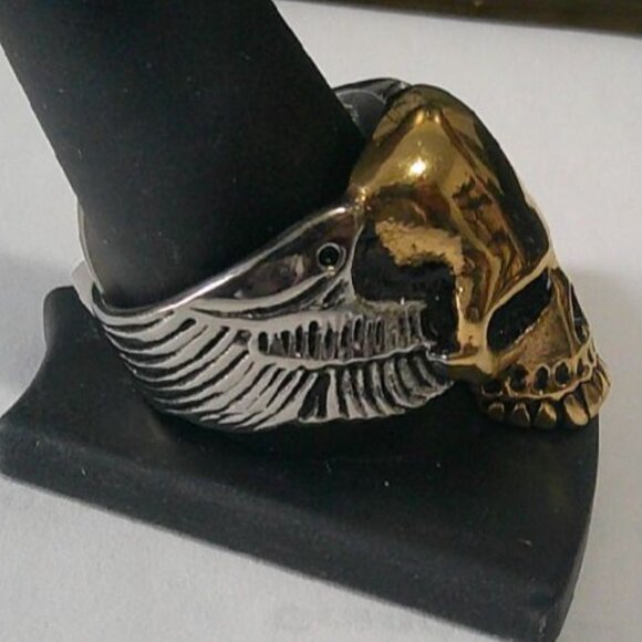 Skull Gold IP Two Tone Biker Ring Stainless Steel Sizes 11-12-13-14 New - Picture 3 of 4